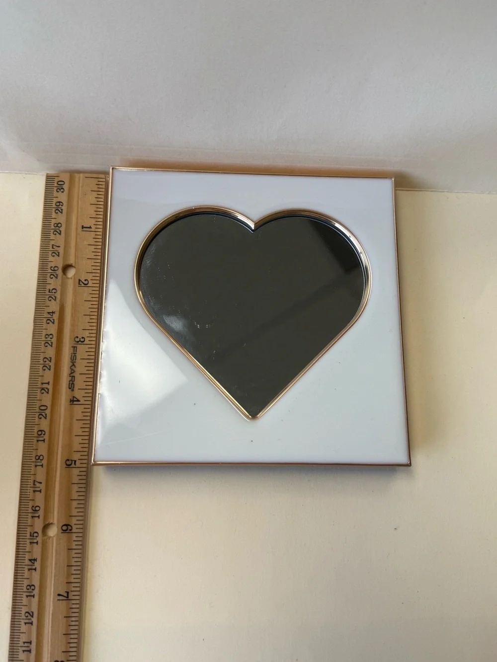 White Enamel and Rose Gold Decorative Heart Shaped Desk Mirror with Frame Stand